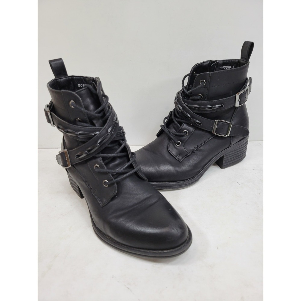 Pierre Dumas Gossip-2 Black Ankle Boots Buckle Lace Up Side Zip Womens Size 7